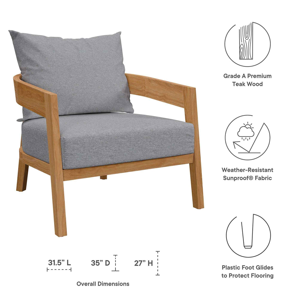 Juego de patio exterior Modway Brisbane - Muebles de teca grises de 3 piezas para patios elegantes