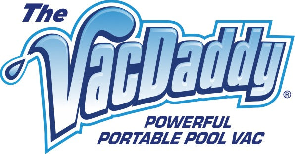 Logo of 'The VacDaddy' with text 'Powerful Portable Pool Vac' on a white background