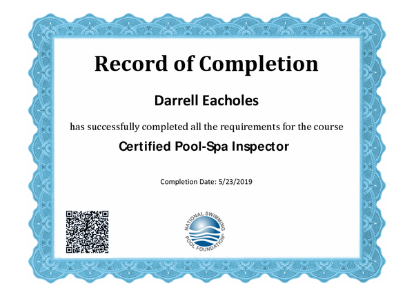 Darrell Is now a certified pool inspector!