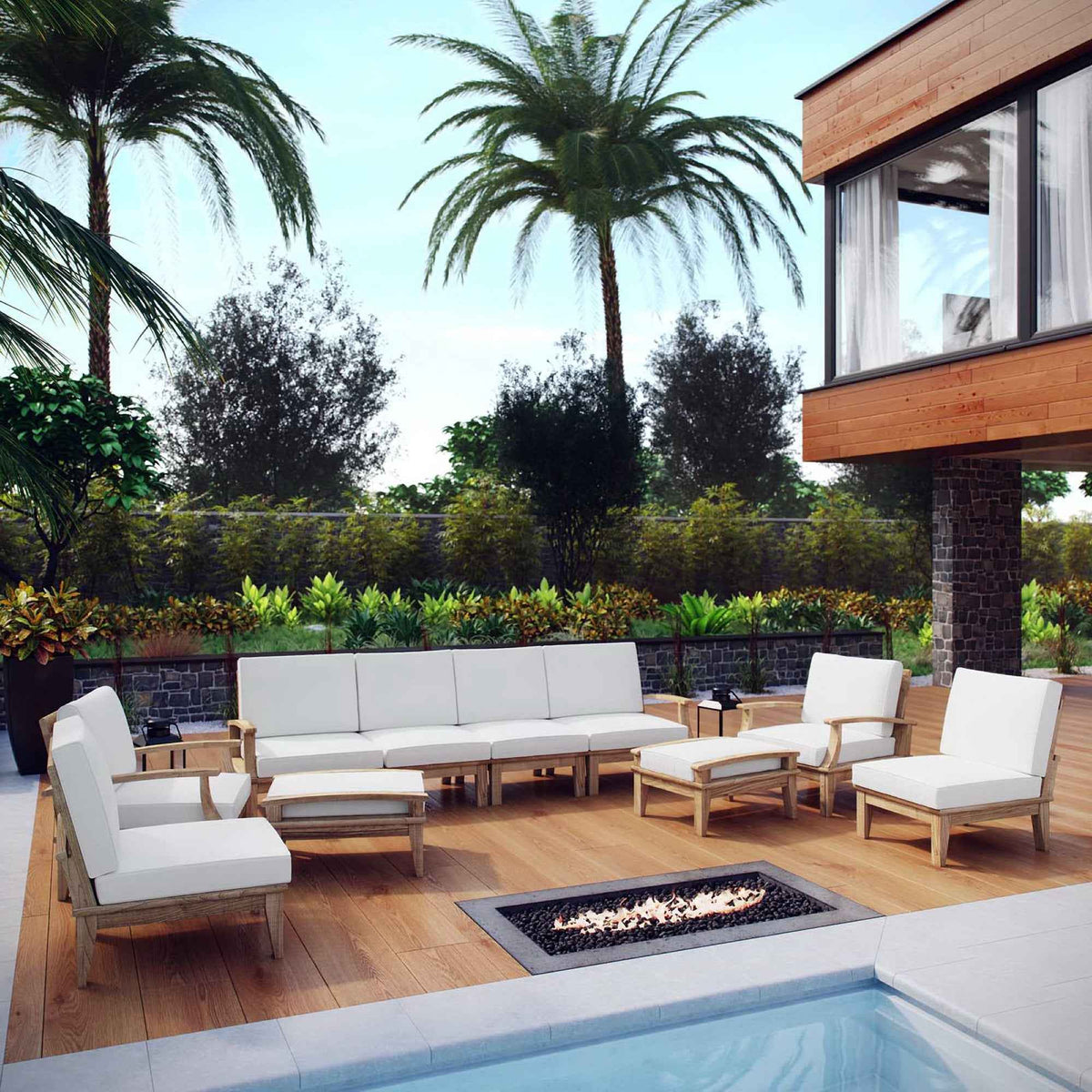 Juego de patio Modway Marina de teca para exterior con cojines blancos – Colección de 10 piezas de Patio Elegance