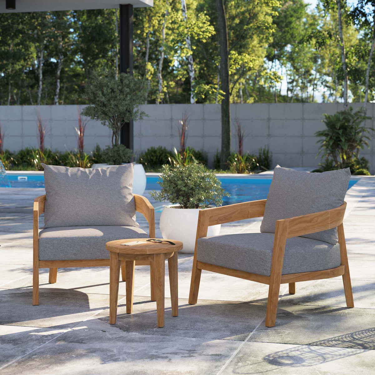 Juego de patio exterior Modway Brisbane - Muebles de teca grises de 3 piezas para patios elegantes